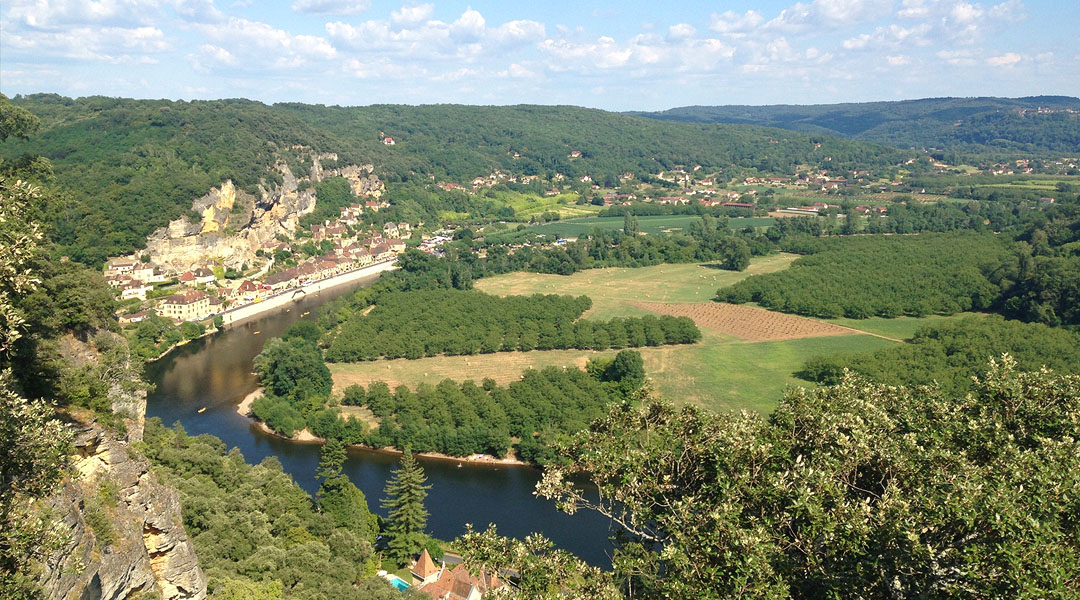 View of La Roque-Gageac and the Dordogne river, taken from one of the gardens many viewpoints.
