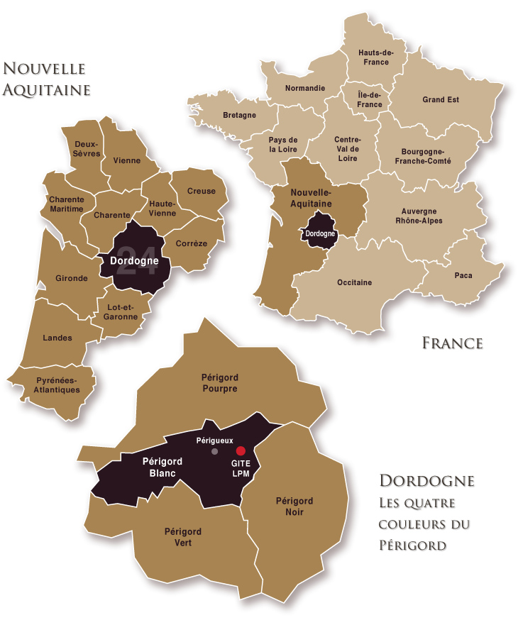 Carte des régions Françaises, Carte des départements de la region Nouvelle-Aquitaine et Carte des quatre Périgord touristiques