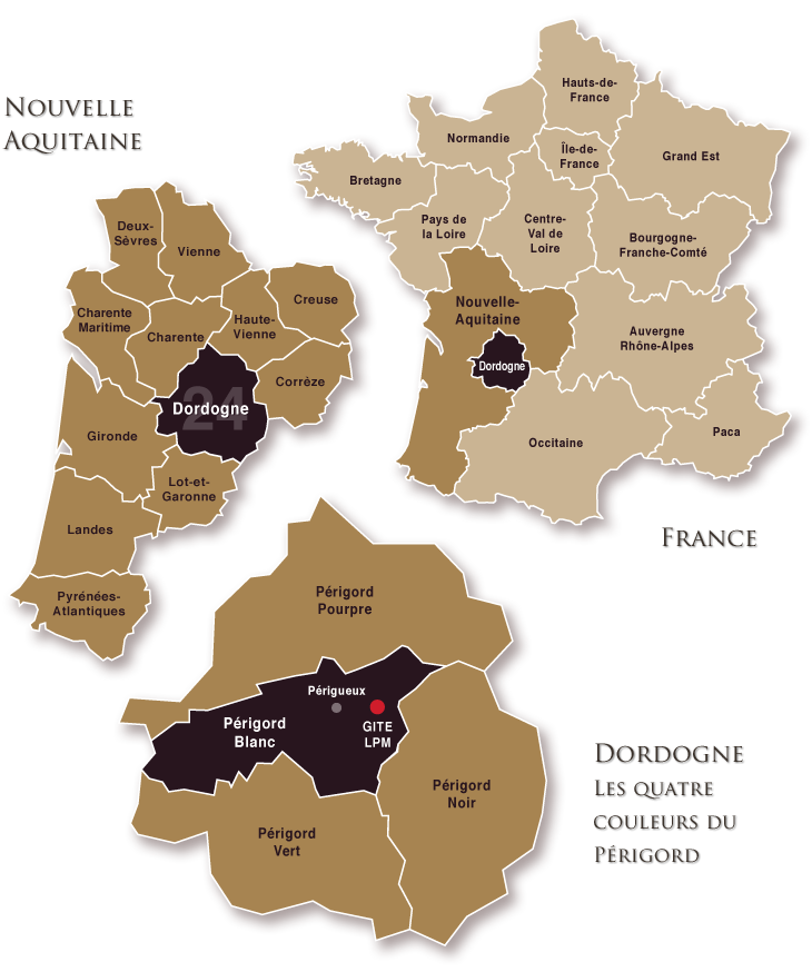 Map of France highlighting Nouvelle-Aquitaine and the four Périgord regions, now known as Dordogne